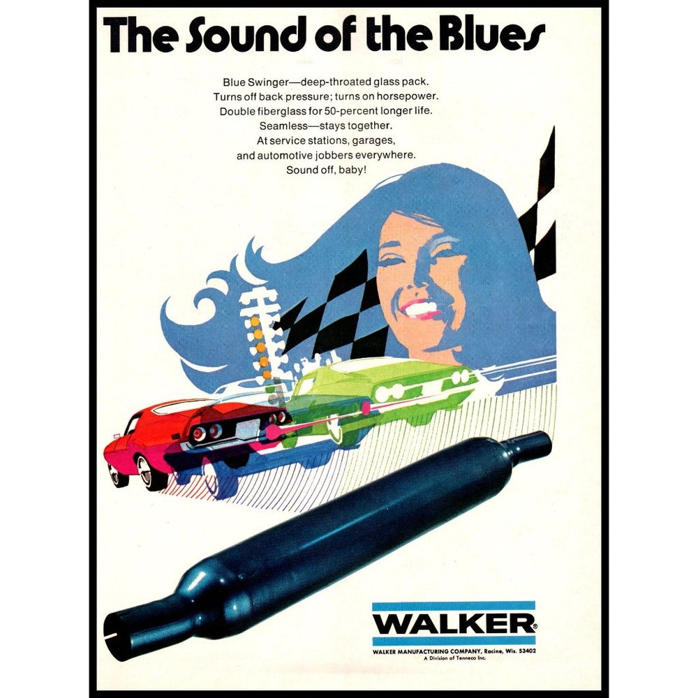 1970 Walker Blue Swinger Glass Pack Muffler Vintage Print Ad Drawing Wall Art